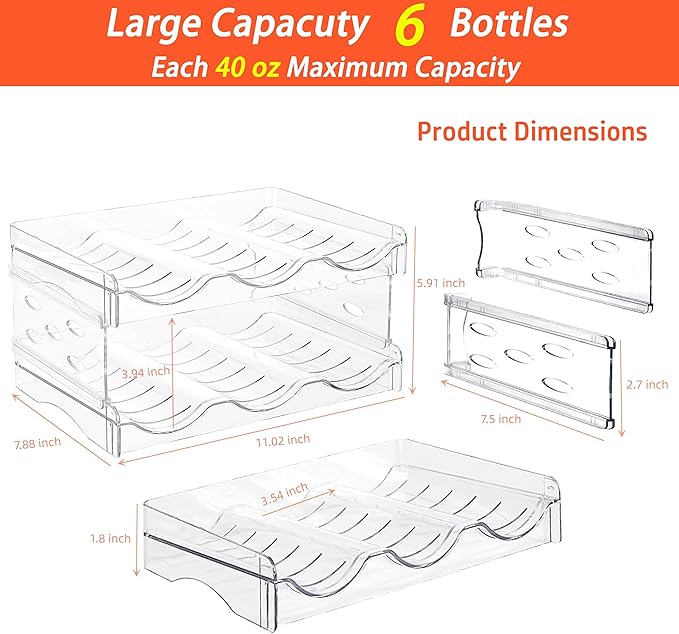 IEEK Plastic Stackable Bottle Storage Holder Rack,Free-Standing Water Bottle/Wine and Drink Organizer Shelf for Kitchen Cabinet,Fridge,Countertop,Pantry,Freezer,2 PackX3 Bottles,Clear