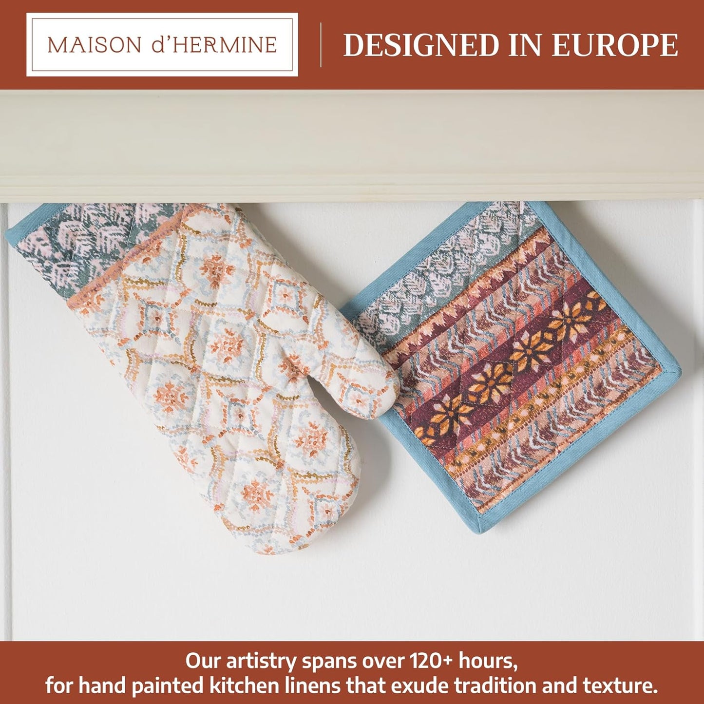 Maison d' Hermine 100% Cotton Oven Mitt & Pot Holder Set (7.5"x13" & 8"x8") Heat Resistant BBQ Cooking Gloves with Loop for Thanksgiving Christmas Decorations Handling Hot Pans (Fair Isle)