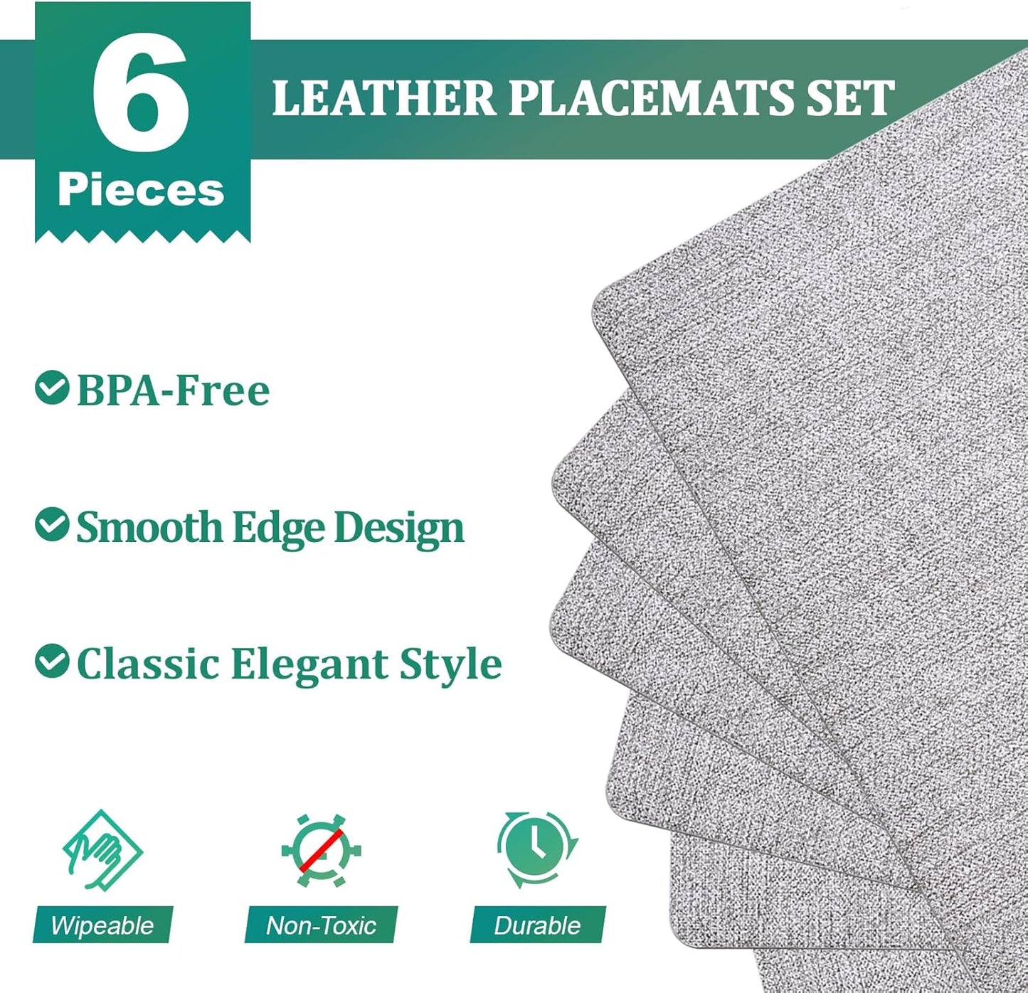 FOCUSLINE Faux Leather Placemats Set of 6, Light Grey Table Place Mats, Waterproof and Non-Slip Dining Table Mats for Indoor & Outdoor Use