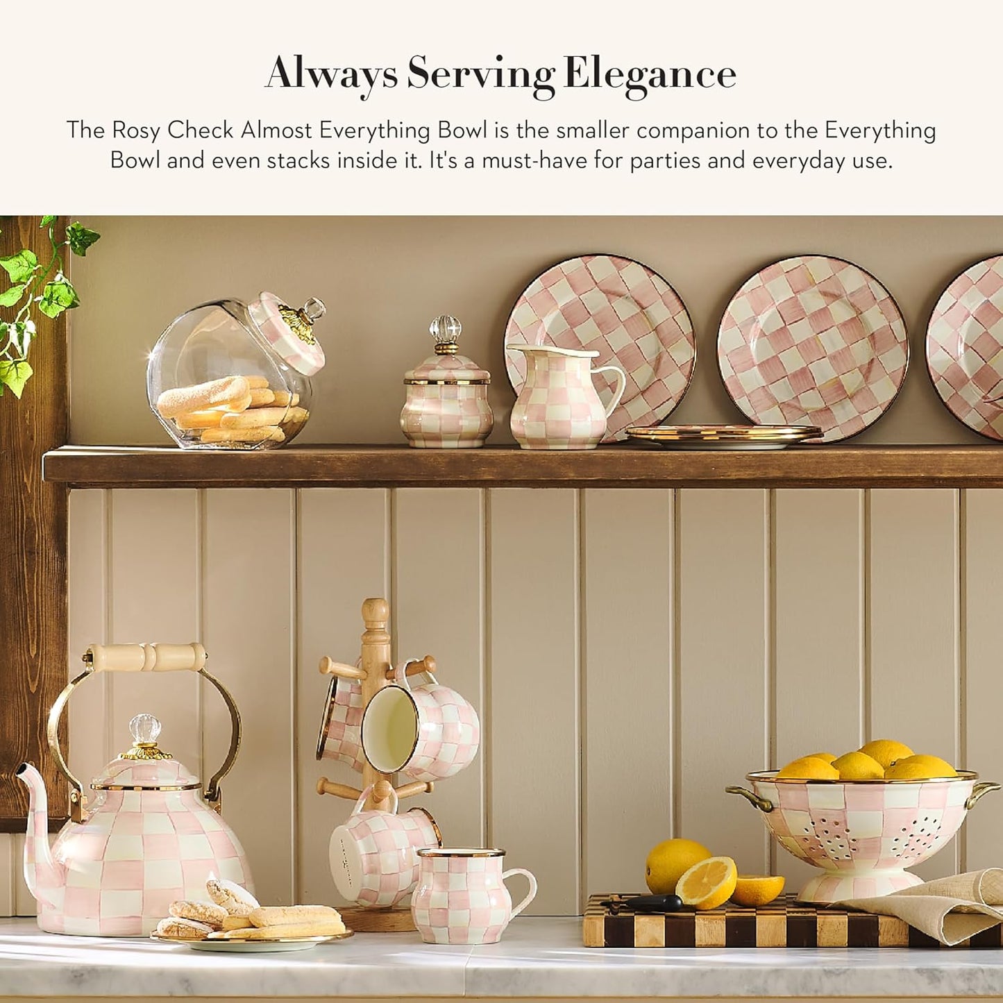 MACKENZIE-CHILDS Enamel Bowl, Serving Bowl for Entertaining, Almost Everything Bowl, Medium, Pink-and-White Rosy Check