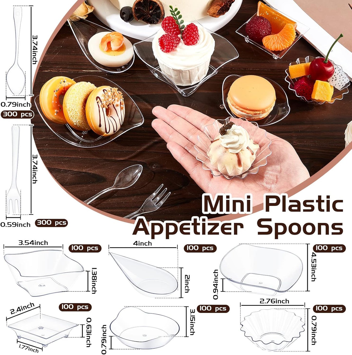 Tessco 1200 Pcs Mini Appetizer Plates Set Including 600 Pcs 6 Shapes Disposable Mini Dessert Cups 300 Spoons 300 Forks for Party Wedding Pudding Ice Cream(Clear)
