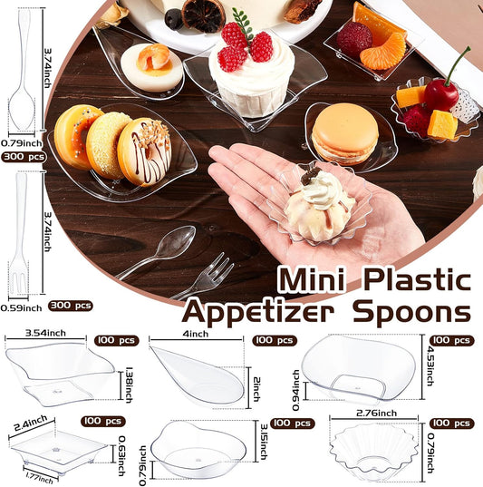 Tessco 1200 Pcs Mini Appetizer Plates Set Including 600 Pcs 6 Shapes Disposable Mini Dessert Cups 300 Spoons 300 Forks for Party Wedding Pudding Ice Cream(Clear)