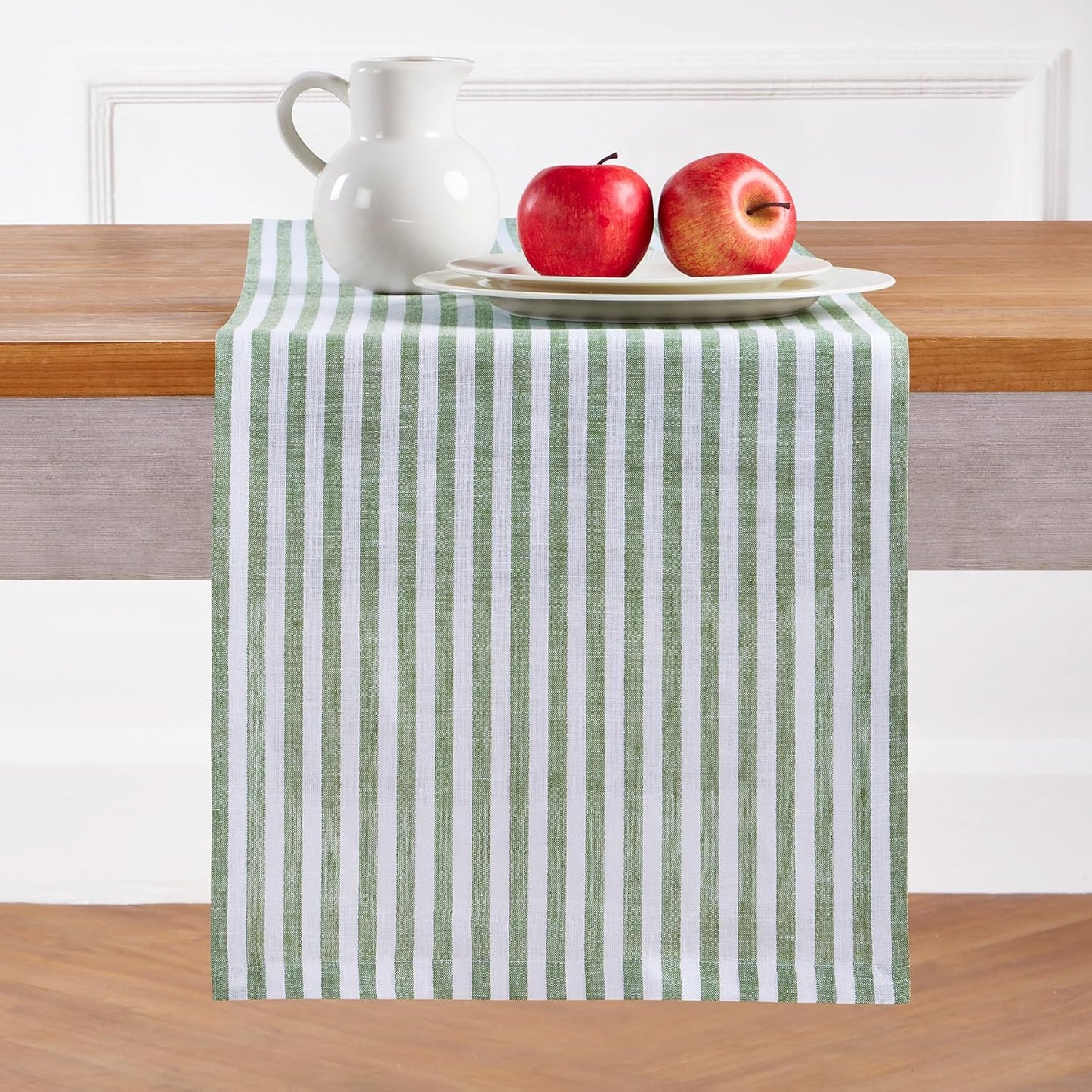 Solino Home Linen Table Runner 132 Inches Long - Amalfi Stripe, 100% Pure Linen Green and White Table Runner 14 x 132 Inch for Dining