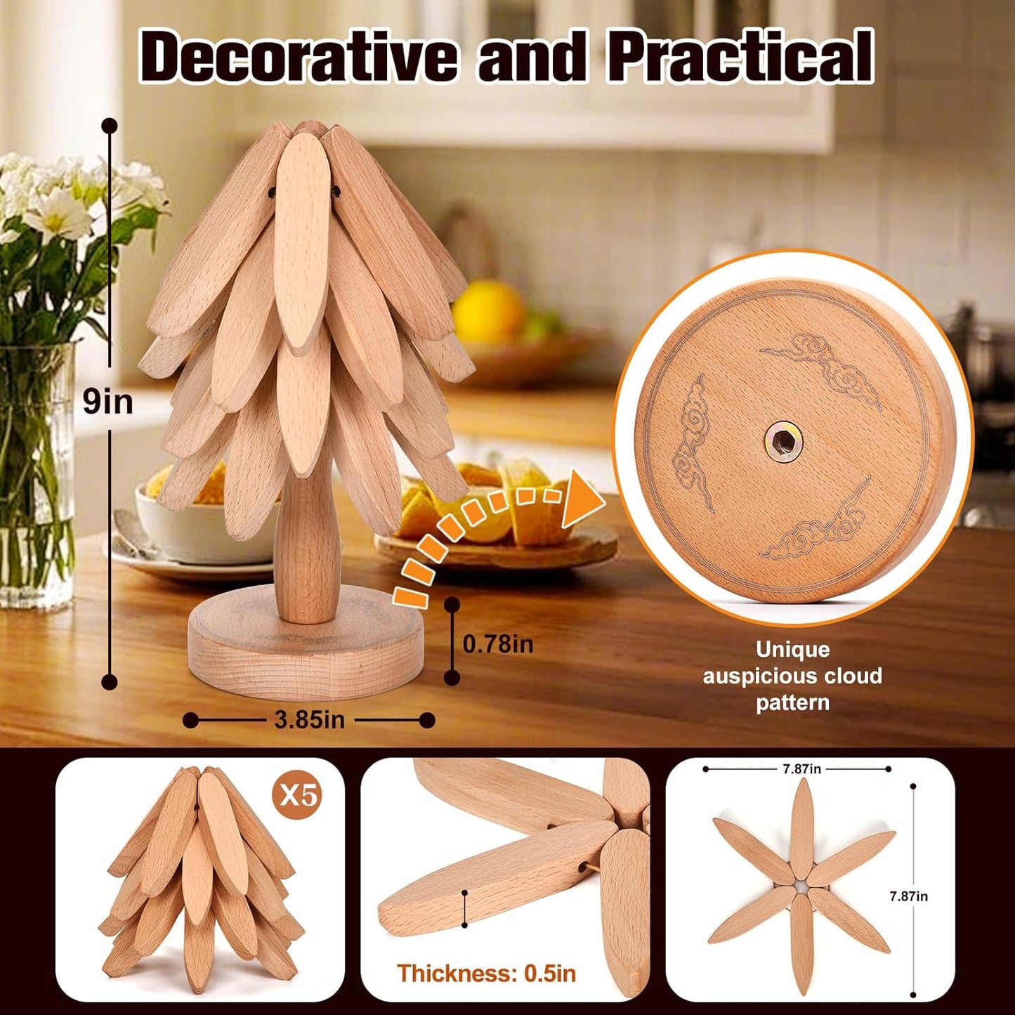 Trivets for Hot Dishes，Tree Shape Trivet Set,5 Wooden Trivets + 1 Stand， Heat-Resistant Foldable Wooden Tree Trivet Set for Pot、Bowl、Teapot、Hot Pot Holder