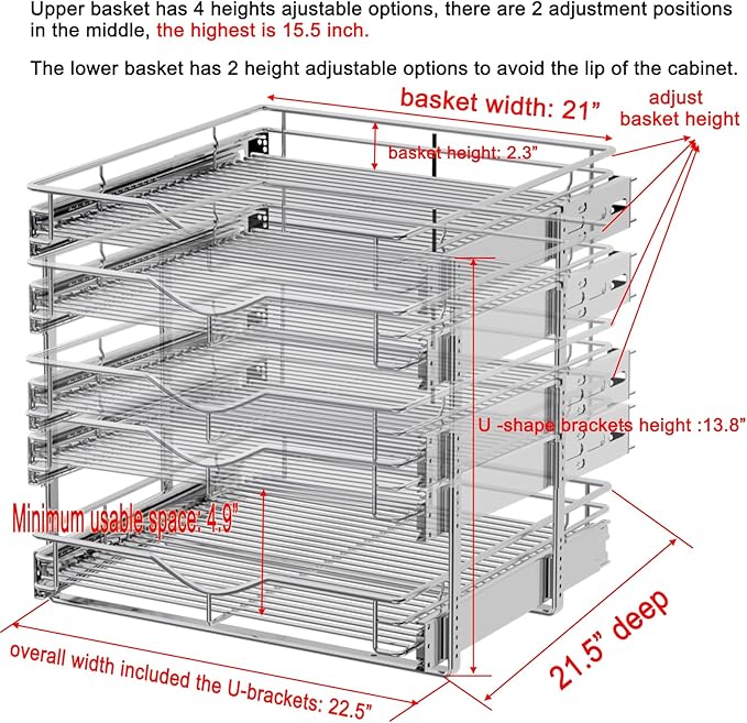 DINDON Pull Out Cabinet Organizer (22-1/2" W x 21-1/2"D), Cabinet Pull Out Shelves, 2 Tier Pull Out Drawers for Kitchen Cabinets, Wire Basket Slide Out Shelf, Pot and Pan Organizer