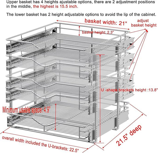 DINDON Pull Out Cabinet Organizer (22-1/2" W x 21-1/2"D), Cabinet Pull Out Shelves, 2 Tier Pull Out Drawers for Kitchen Cabinets, Wire Basket Slide Out Shelf, Pot and Pan Organizer