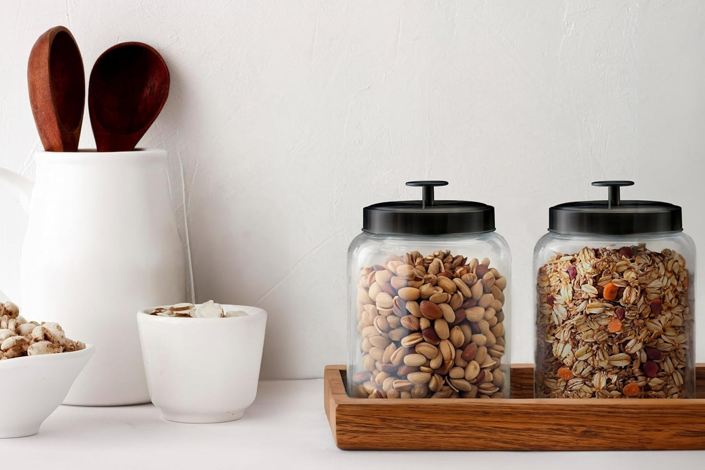 KooK Glass Kitchen Canister Set, Food & Storage Containers for Pantry, Bathroom Apothecary Jars, Tinplate Lids, Counter Organizers, 0.74 Gallon, Black, Set of 2