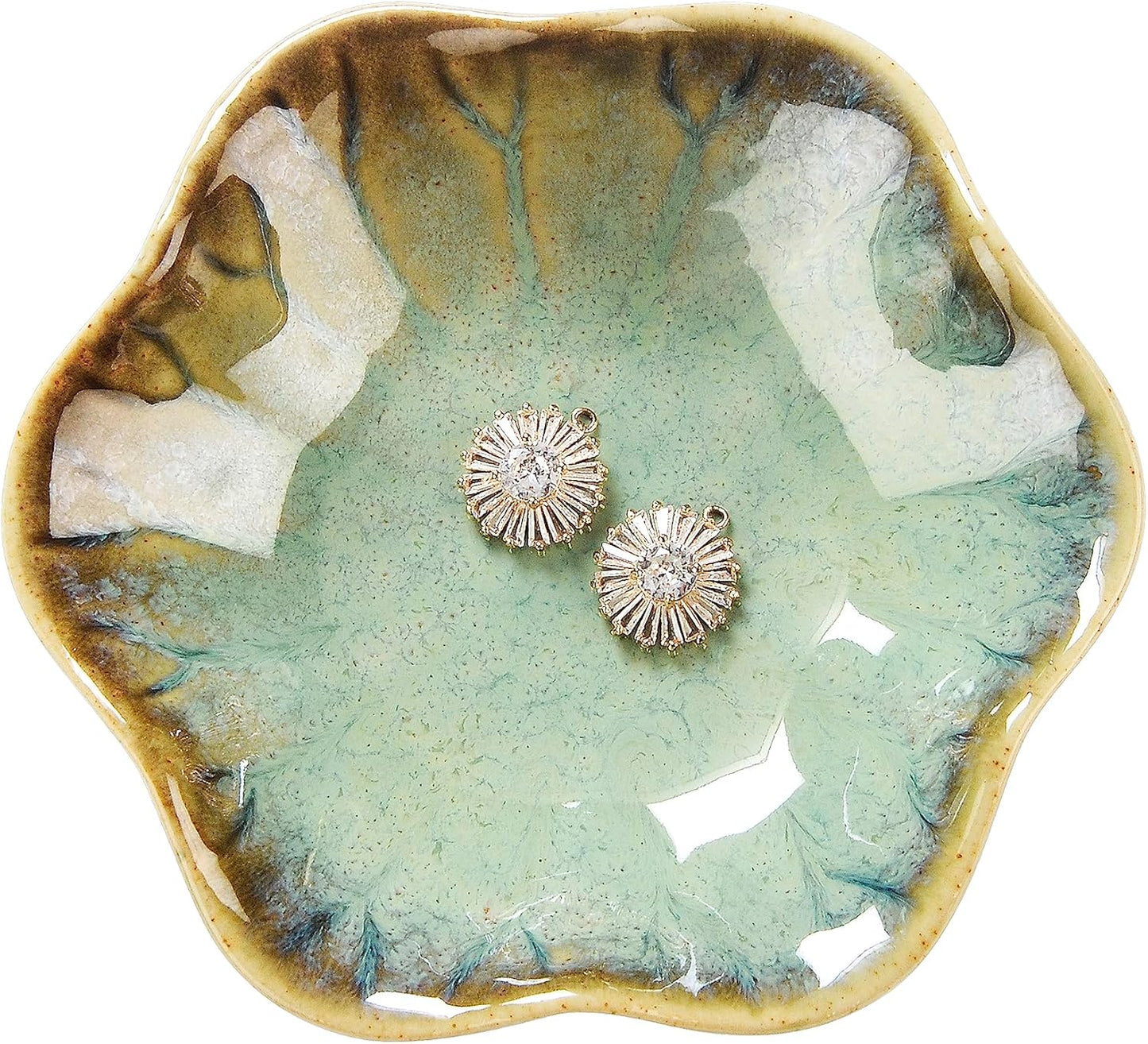 2PCS Ring Holder Dish, Small Key Bowl, Ceramic Trinket Tray Jewelry Dish Organizing Necklace Earrings for Mom Friend Sister, All Jewelries Are NOT Included. Light Green+Crystal Green.…