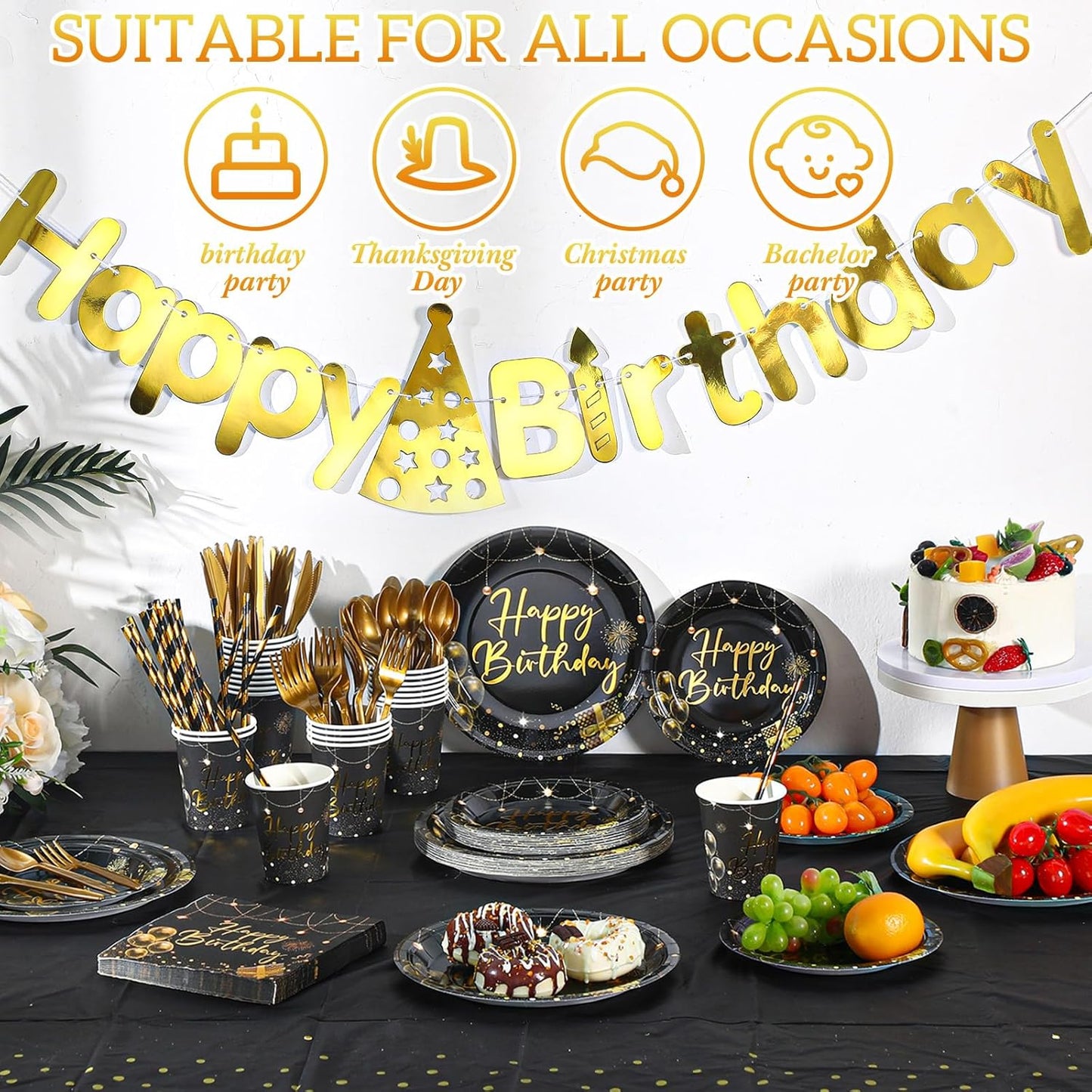 Sawysine 202 Pcs Black and Gold Happy Birthday Party Supplies Disposable Dinnerware Set 50 Plates 25 Cups 25 Napkins 25 Plastic Forks 25 Knives 25 Spoons 25 Straw Flag Tablecloth to Serve 25 Guests