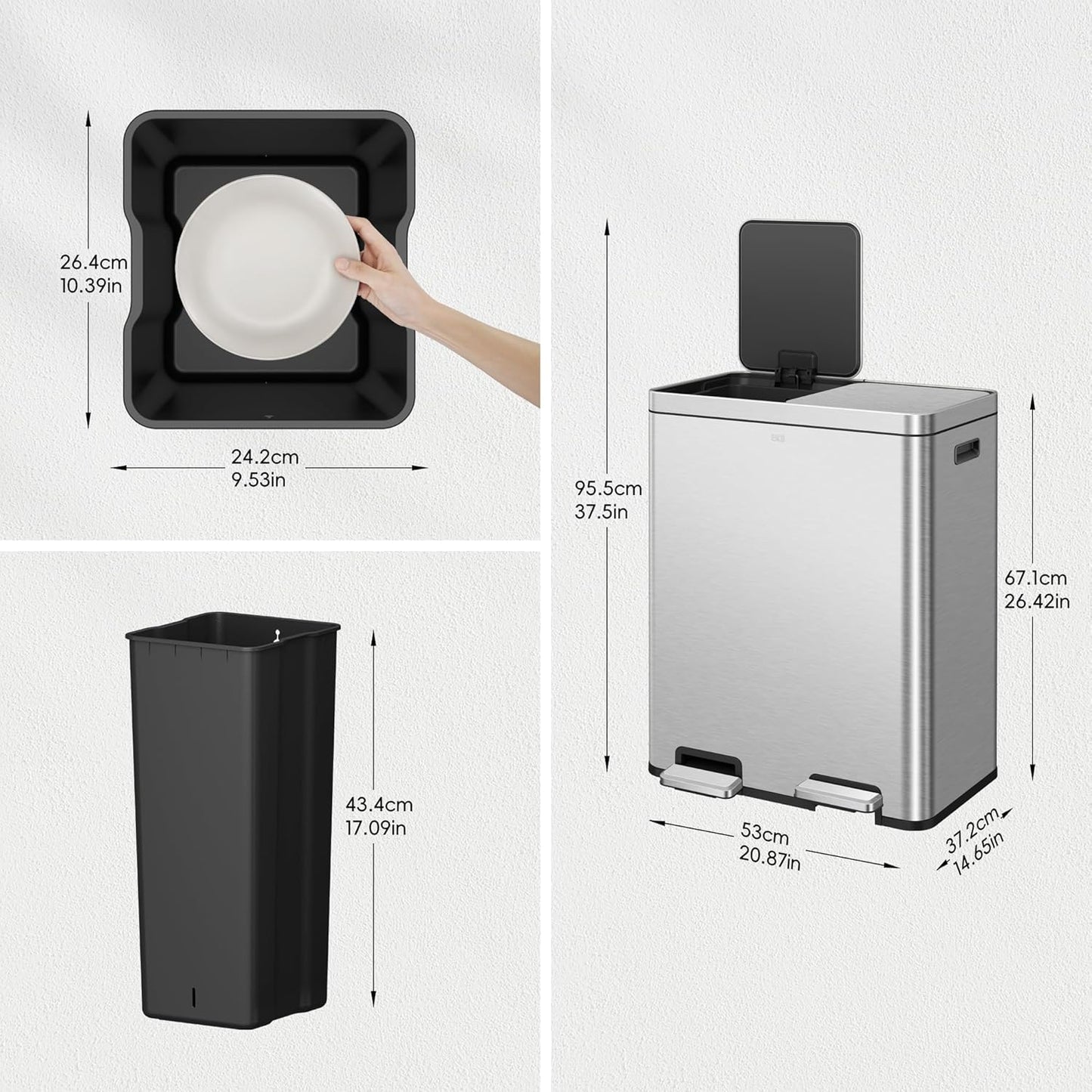 EKO Edison Dual Trash Can for Recycling and Trash, 8+8 Gallons Kitchen Garbage Can with Dual Removable Inner Liners, Independent Lids and Pedals, Matte Stainless Steel