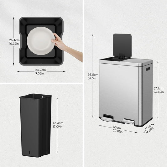EKO Edison Dual Trash Can for Recycling and Trash, 8+8 Gallons Kitchen Garbage Can with Dual Removable Inner Liners, Independent Lids and Pedals, Matte Stainless Steel