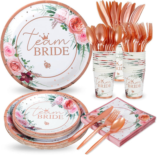 168 PCS Team Bridal Shower Party Supplies Serve 24 Guests Floral Plates and Napkins Disposable Dinnerware Sets for Rose Wedding Engagement Tea Party Bachelorette Decorations