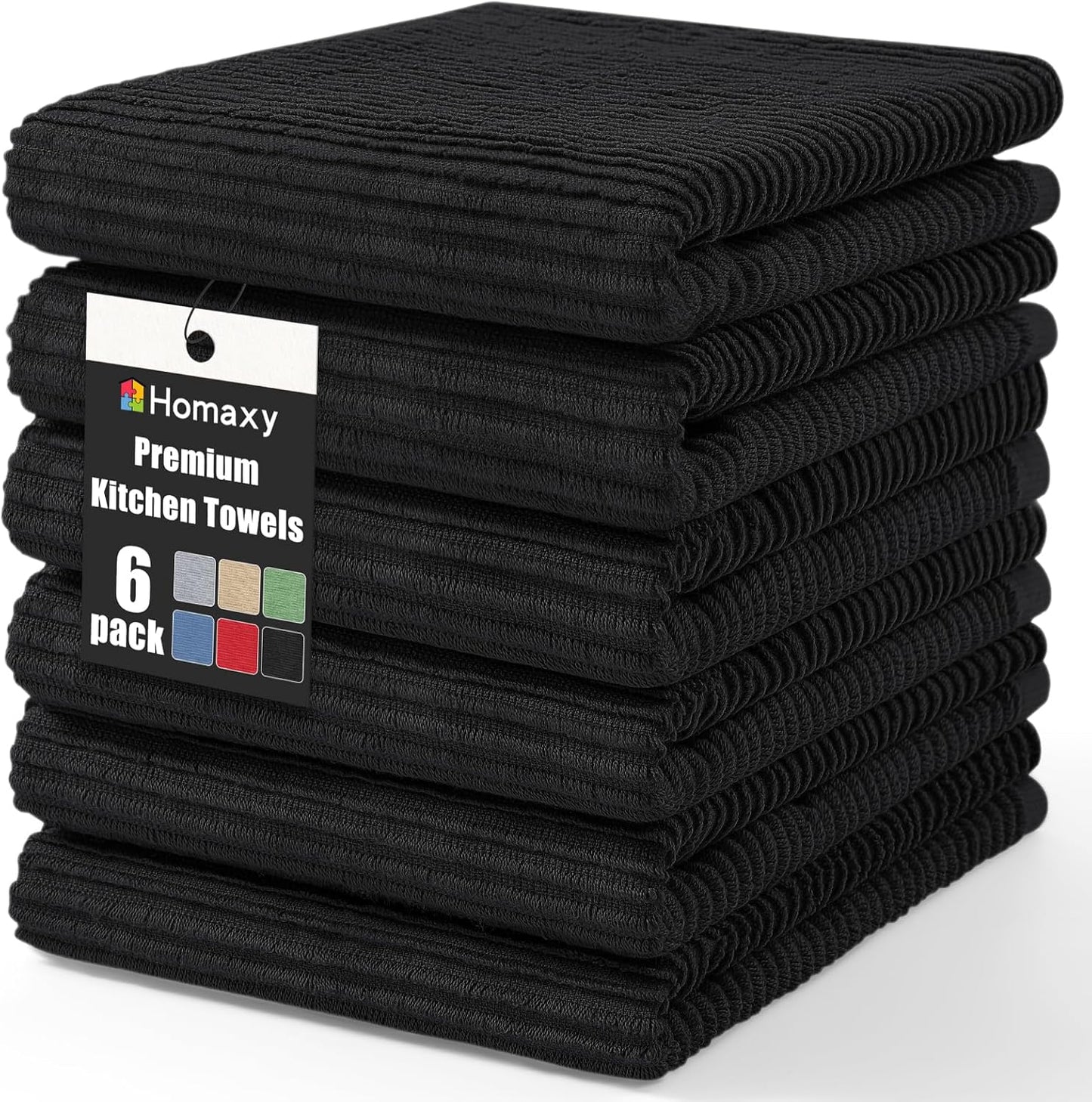 Homaxy Premium Kitchen Towels (18"x 28", 6 Pack), Large 100% Cotton Kitchen Hand Towels, Ultra Absorbent Ribbed Terry Tea Towels Set with Hanging Loop, Black