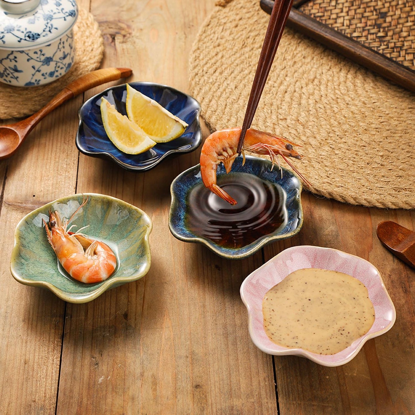VanEnjoy Blue Flower Plates Ceramic Floral Dishes Small Dipping Sauce Cups Soy Sauce Dish Prep Bowls - Set of 5