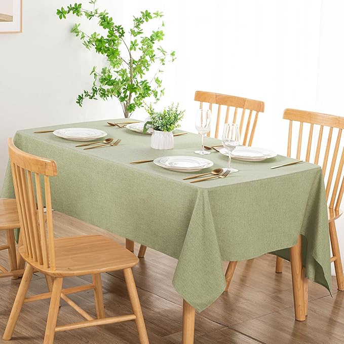 DWCN Rectangle Faux Linen Tablecloth - Waterproof Spill-Proof Wrinkle and Stain Resistant Table Cloth Washable Decorative Farmhouse Table Cover for Kitchen Dining Party, 60 x 84 Inch, Sage Green