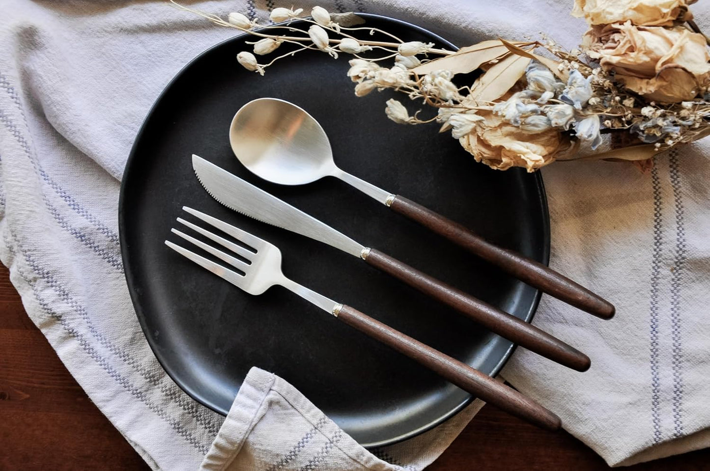 Lightweight Stainless Steel Flatware Set with Walnut (4 Sets, Plain)