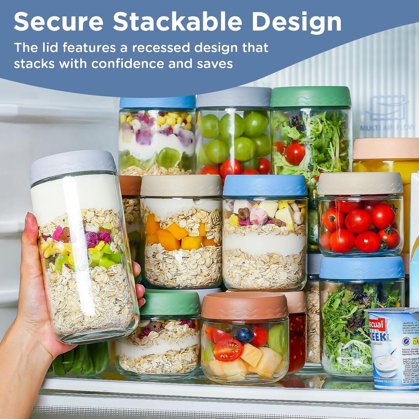 DRKIO 24 Oz Overnight Oats Containers with Lids - 4 Pack Glass Storage Jars with Airtight Lids Wide Mouth Mason Food Jars Great for Meal Prep Salad Chia Pudding Snacks Yogurt Sugar Spice Cereal