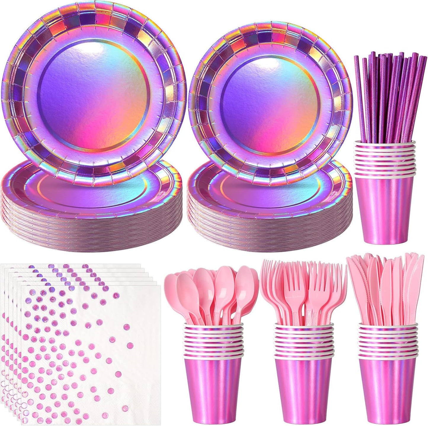 Iridescent Pink Party Supplies Decorations Serve 50, Hot Pink Holographic Paper Plates and Napkins Set, Disposable Pink Paper Plates Cups Knives Spoons Fork for Mermaid Disco Birthday Graduation Party