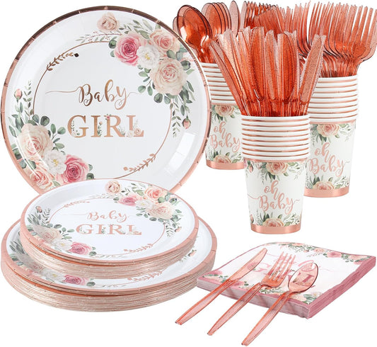 Floral Girl Baby Shower Tableware Set – Rose Gold Party Supplies with Plates, Cups, Napkins & Utensils – Serves 24 Guests, Perfect for Little Princess Party