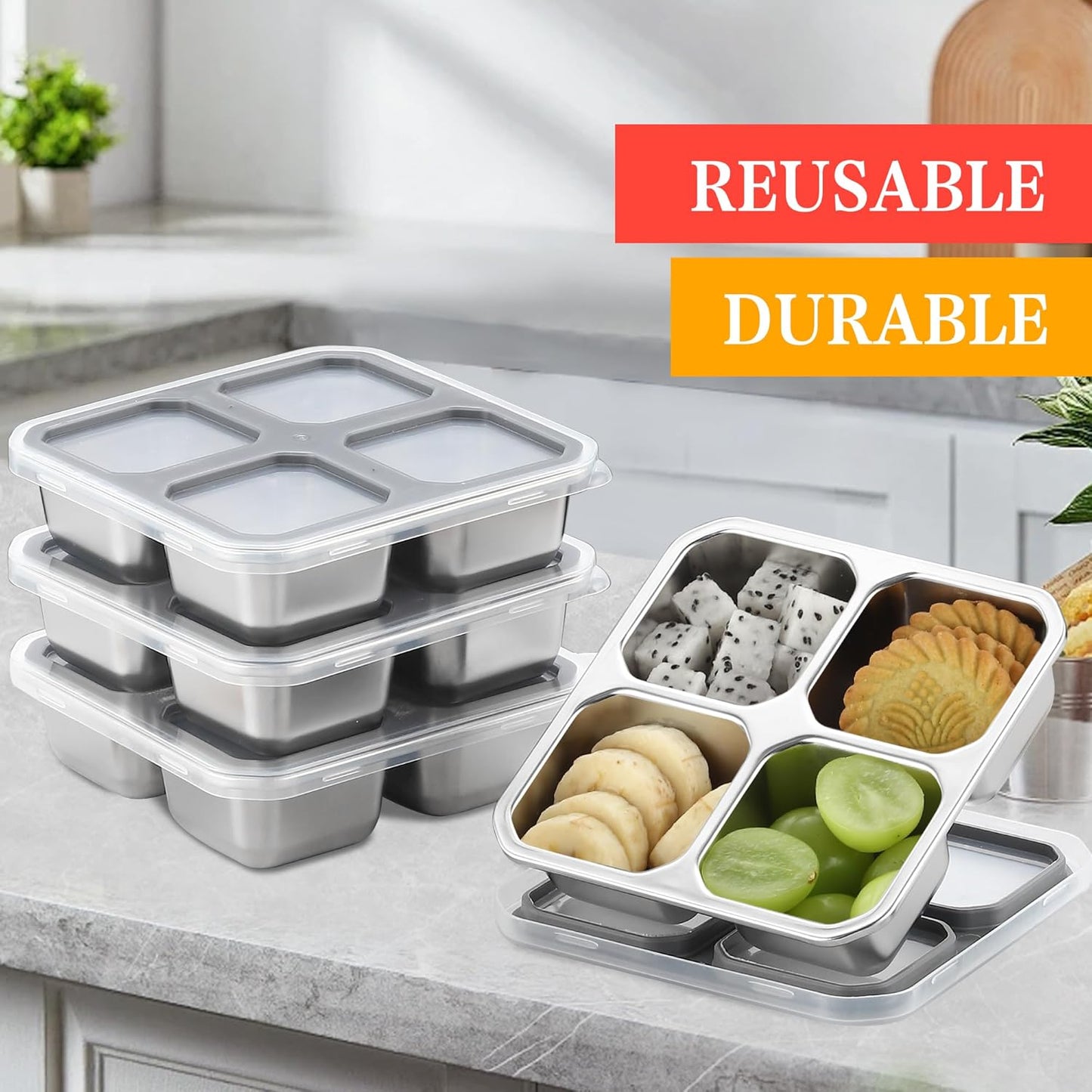 Stainless Steel Divided Plates, Kids Toddlers Babies Tray 4 Divided Compartments Snack Containers Bento Snack Box with Lid Reusable Meal Prep Lunch Box Food Storage Containers for Adults Travel Work