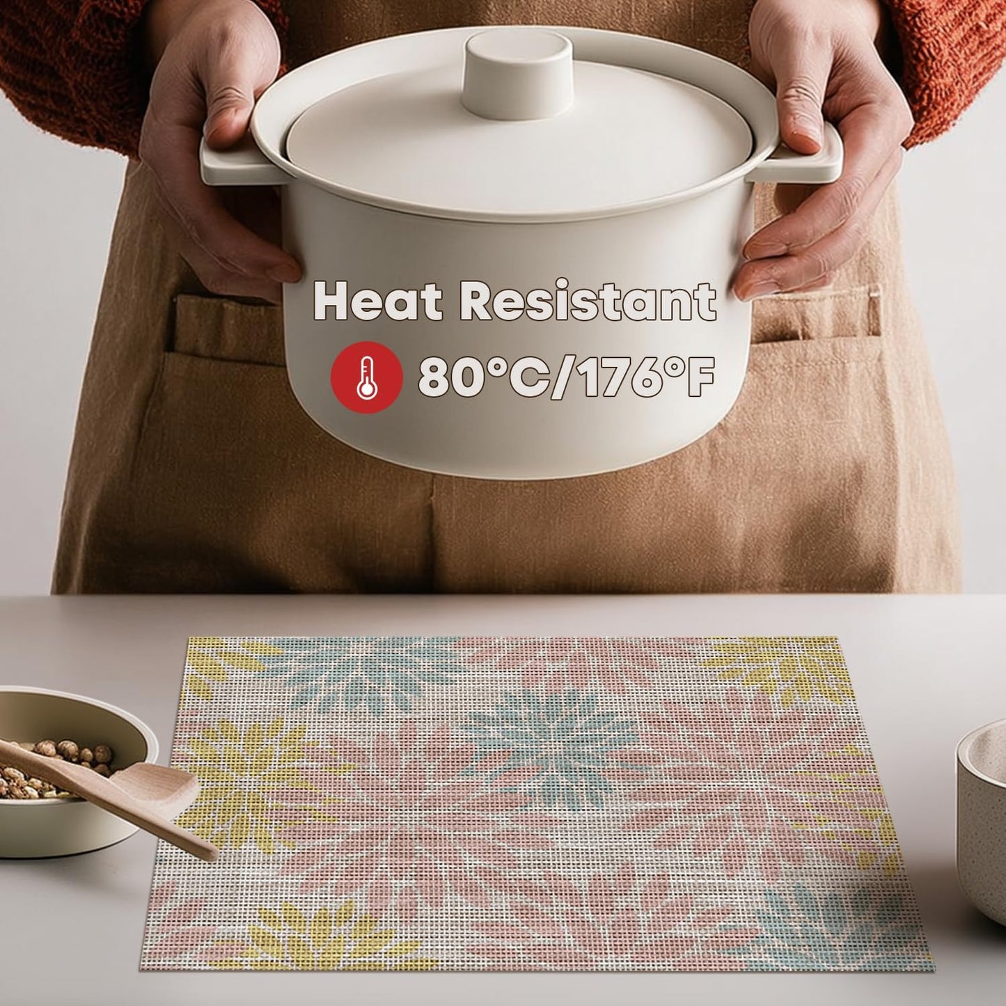 Artoid Mode Floral Vinyl Placemats Set of 4, 12x18 Inch Heat Resistant Washable Non-Slip Plistic PVC Place Mats for Party Kitchen Dining Decor, Pink Blue