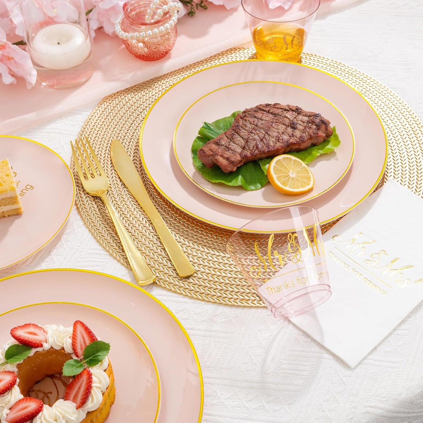 I00000 Mr and Mrs Wedding Pink Plastic Plates and Napkins Set,Bridal Shower Plates Set for 25 Guests Include 25 Dinner Platos,25 Dessert Platos,25 Cups,25 Napkins,25 Cutlery for Engagement Party Decor