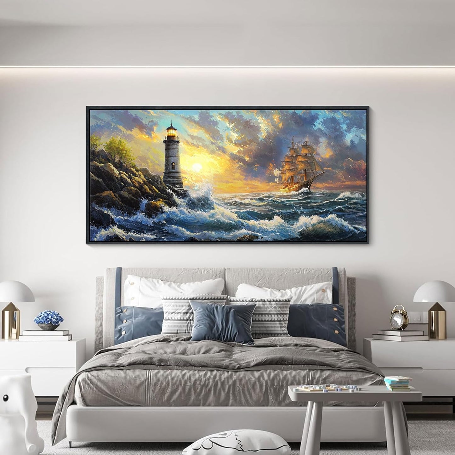 CHATYOUNG Large Wall Art Living Room, Ocean Sunrise Big Waves Framed Wall Pictures Beach Sailboat Lighthouse Landscape Canvas Paintings for Bedroom Dining Room Kitchen Office Home Decor 29x58 IN