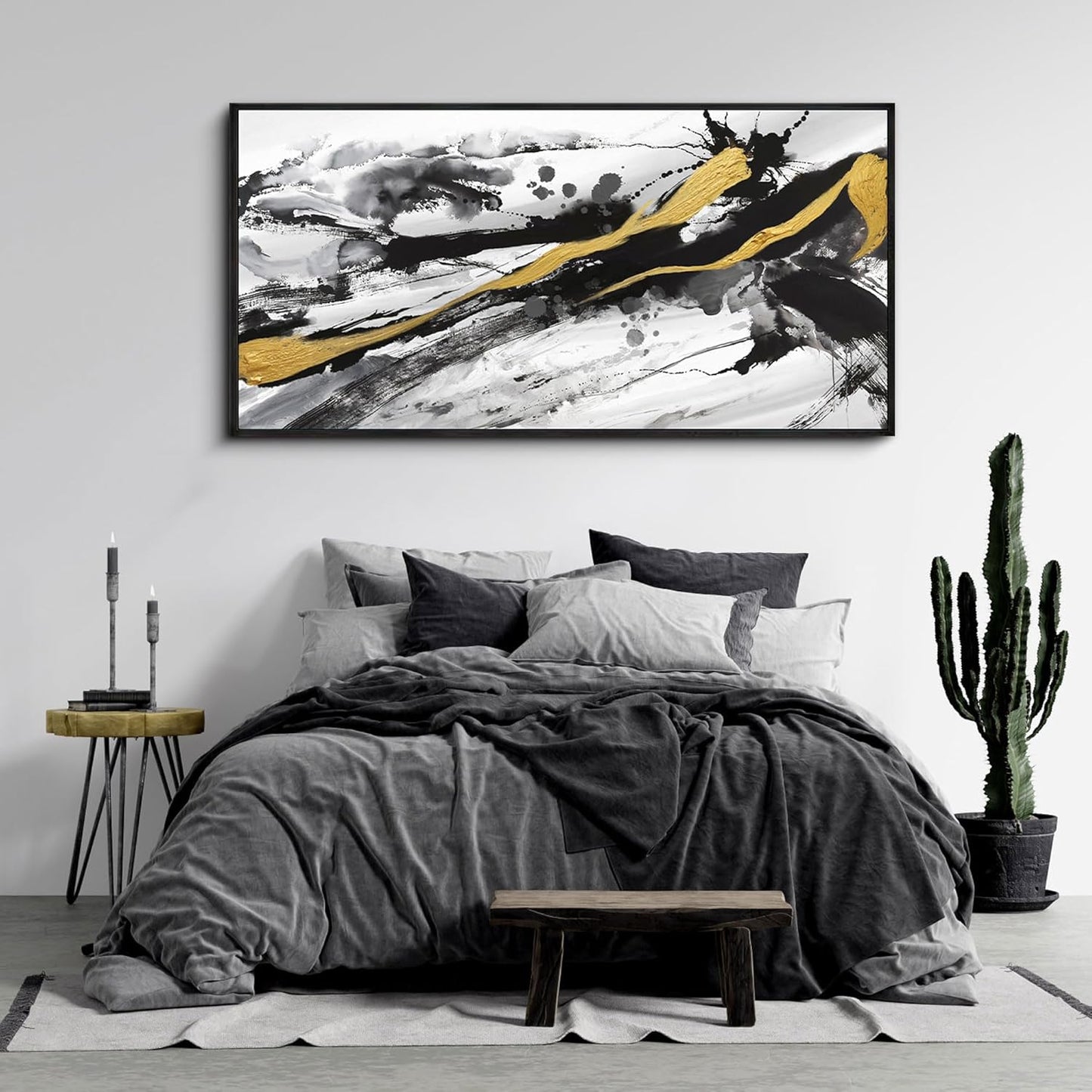 XLSJERST Black and White Abstract Wall Art - Large Frame Canvas Wall Art for Living Room Bedroom Modern Gold Ink Painting Style Picture Artwork for Wall Decor Size 29x58 Inches