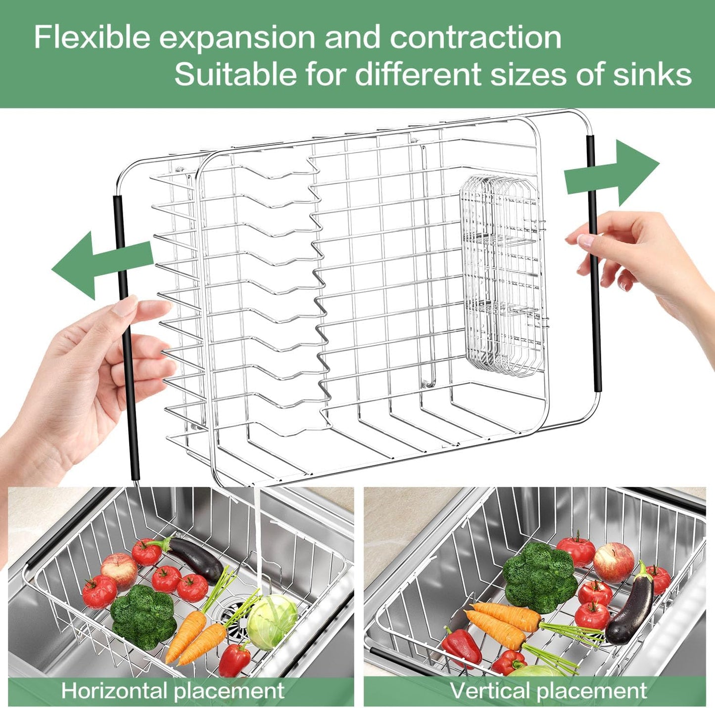 Large Sink Dish Drying Rack, Expandable 304 Stainless Steel Metal Dish Drainer Rack Organizer Shelves with Stainless Steel Utensil Holder Over Inside Sink, Rustproof