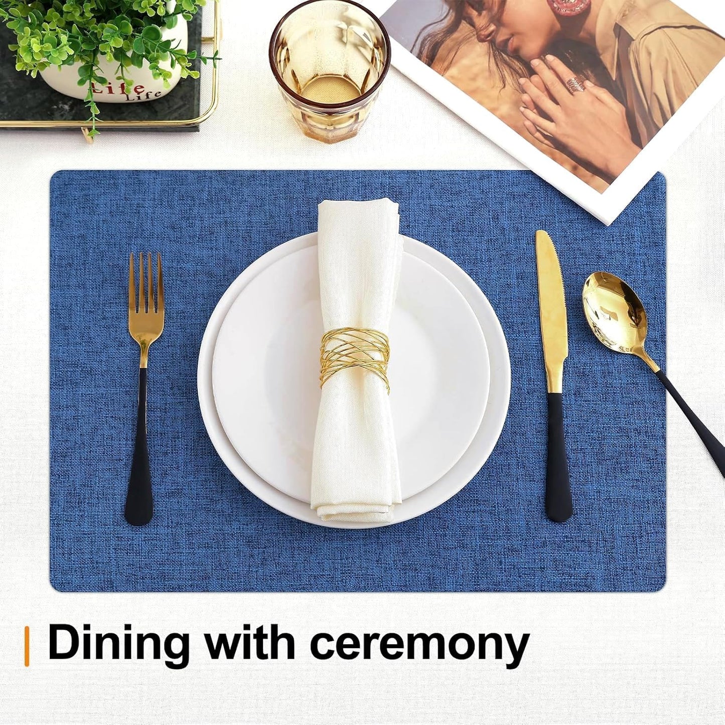 Homaxy Cloths Placemats for Dining Table Set of 8, Heat Resistant Washable Cotton Linen Blend Table Mats, Easy to Clean Place Mats for Indoor Outdoor Party Kitchen Decoration, 13" x 19", Blue