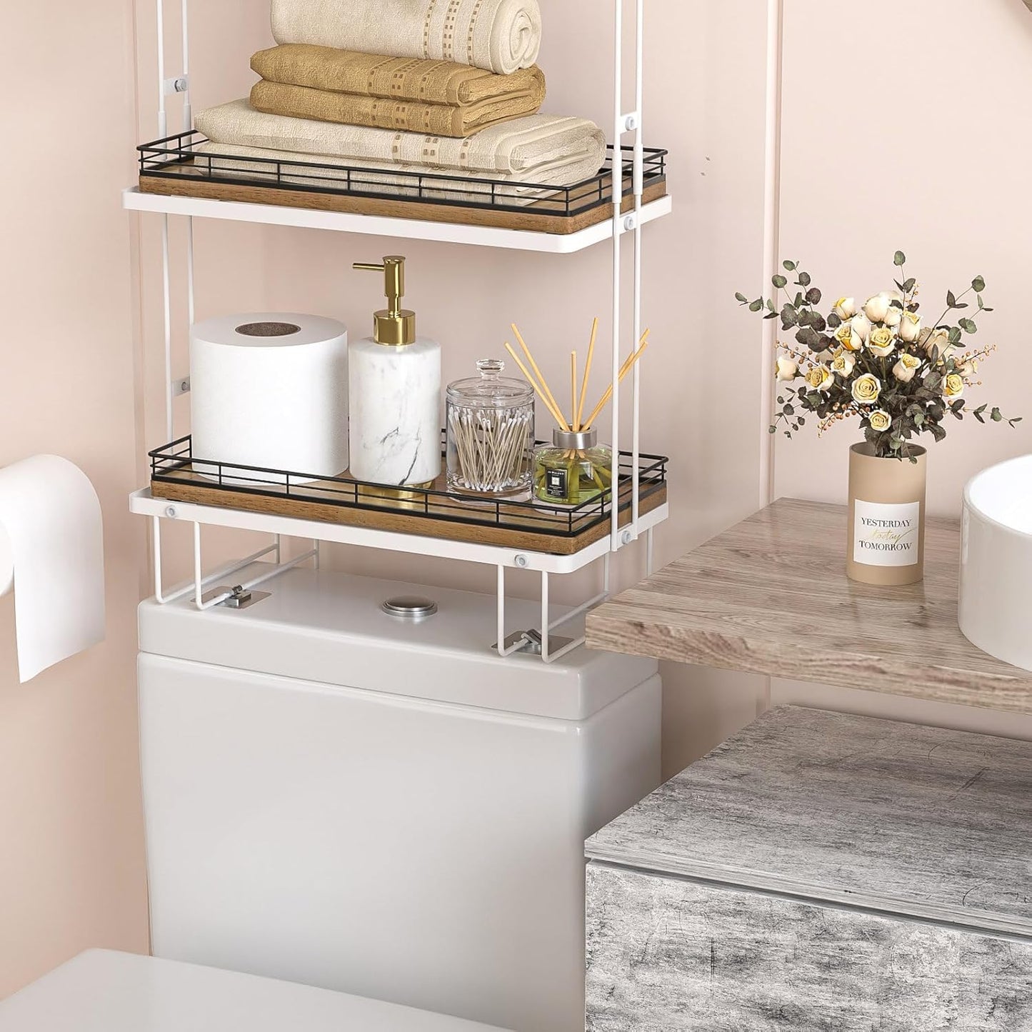 Bathroom Toilet Tank Tray, 13" Wood Toilet Paper Storage Basket Tray Back of Toilet Basket Organizer,Vanity Tray for Perfume Makeup Candle Decor, Black & Farmhouse Brown