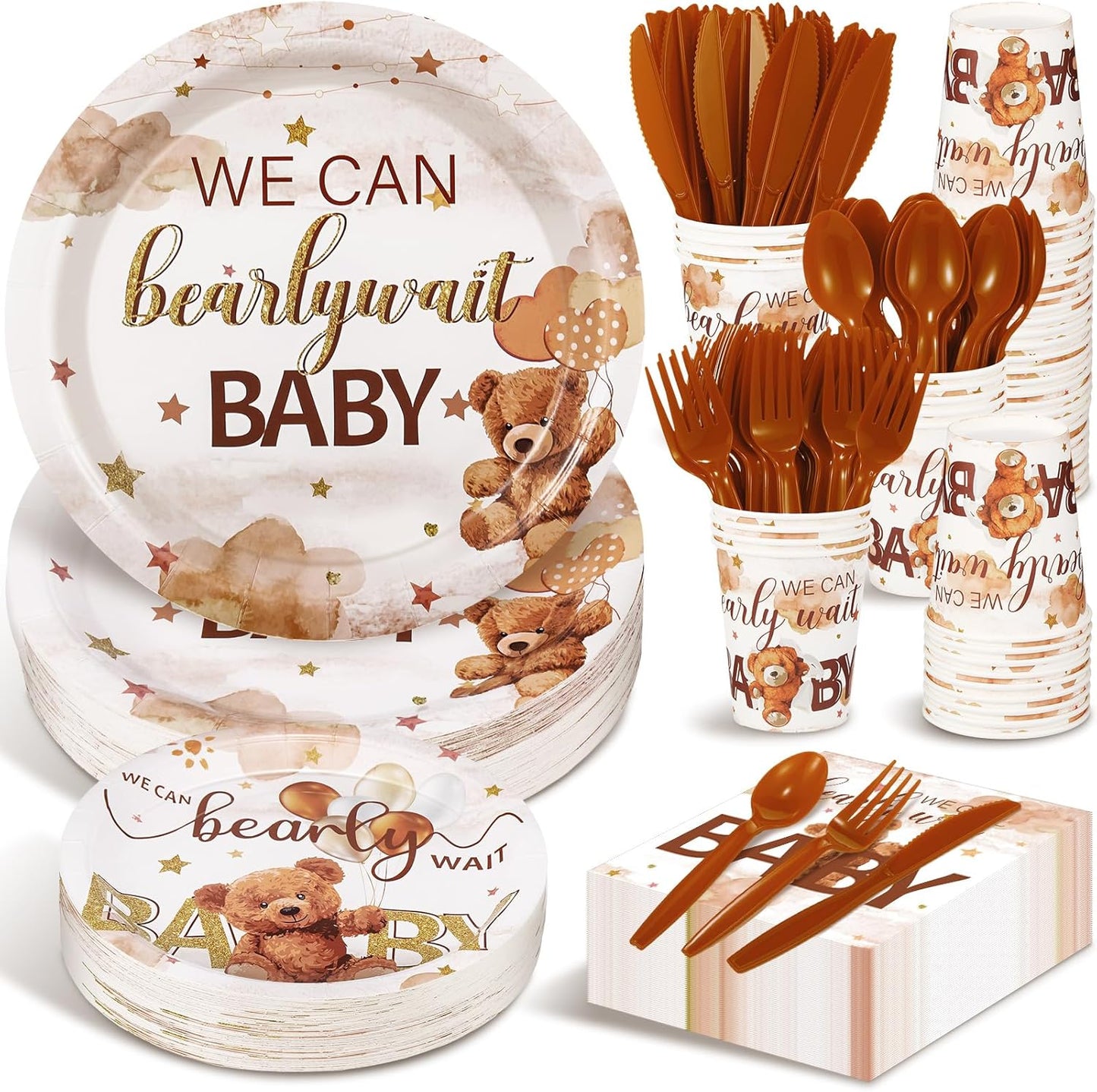 Dandat 350 Pcs Baby Shower Plates Set Baby Shower Party Supplies Serves 50 Tableware Sets Include Plates Napkin Cup Forks Knives Spoons Disposable Dinnerware(Bear,Brown)