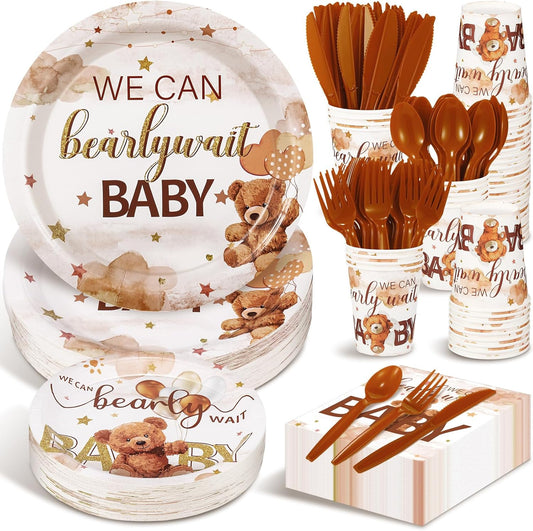 Dandat 350 Pcs Baby Shower Plates Set Baby Shower Party Supplies Serves 50 Tableware Sets Include Plates Napkin Cup Forks Knives Spoons Disposable Dinnerware(Bear,Brown)