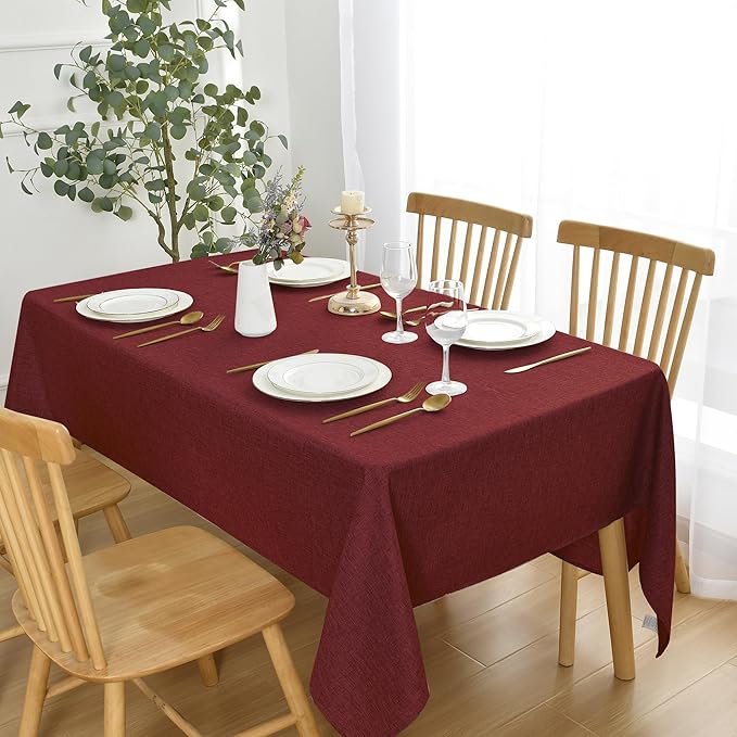 JIUZHEN Red Faux Linen Farmhouse Tablecloth Rectangular, Wrinkle Stain Resistant Table Cloth Rectangle Tablecloth Table Cover for Kitchen Dining, 60 x 102 Inch