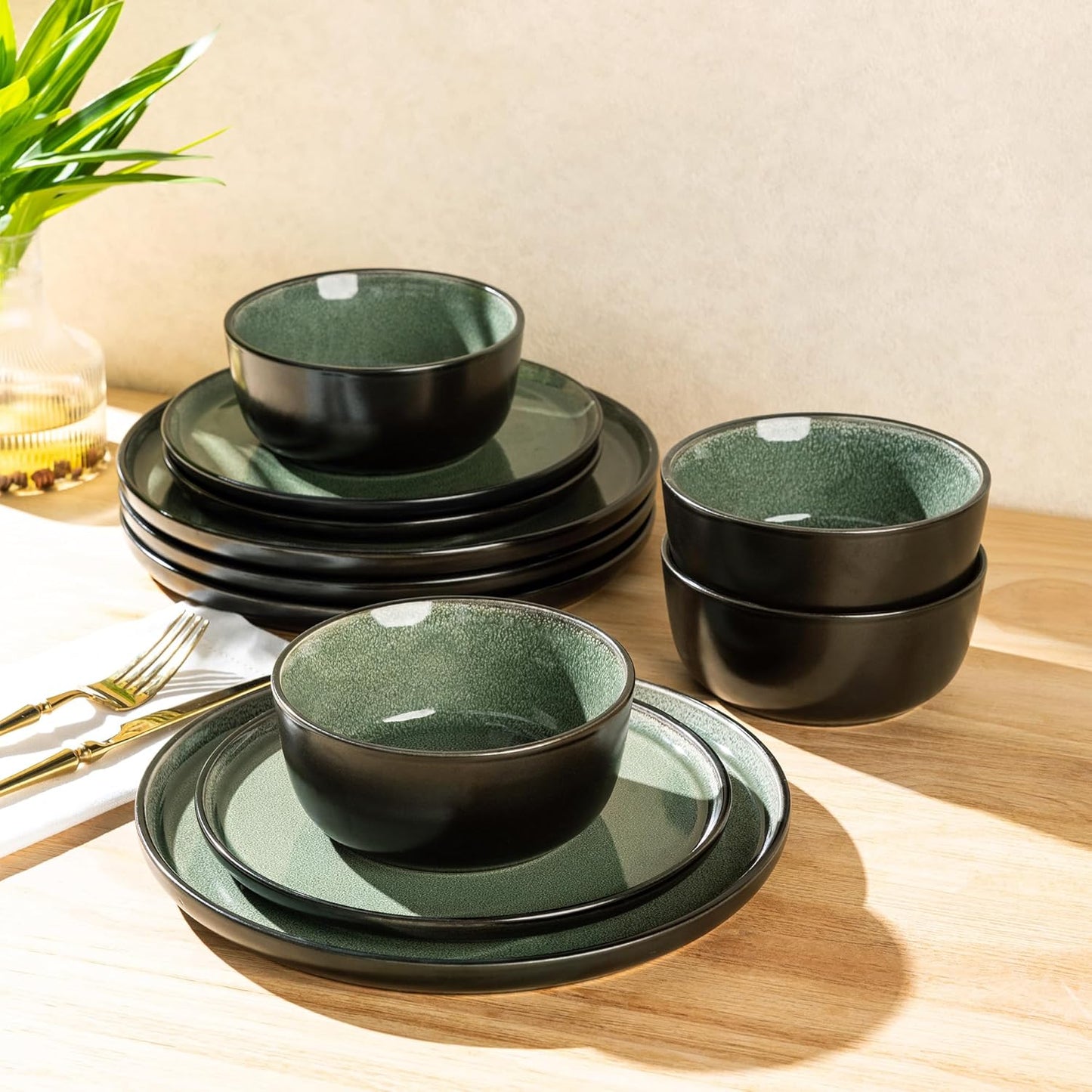 AmorArc Stoneware Dinnerware Sets,Round Reactive Glaze Plates and Bowls Set,Highly Chip and Crack Resistant | Dishwasher & Microwave Safe Dishes Set,Service for 4 (12pc)