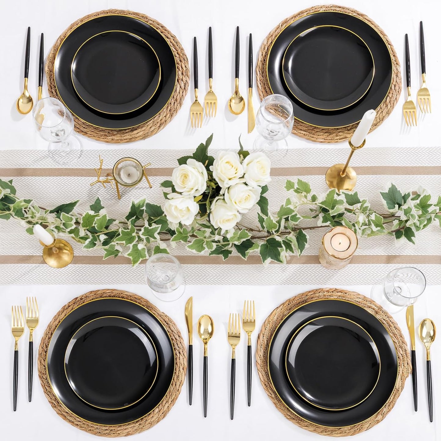 DaYammi 150Pcs Black Plastic Plates with Gold Silverware,Black Disposable Plates Set Included 30 Dinner Plate,30 Dessert plate,30 Knives,30 Forks,30 Spoons,black and gold plates for Halloween Party
