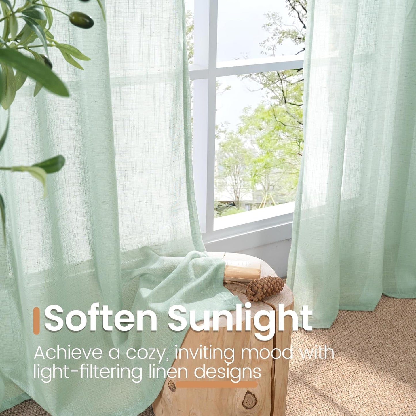 BGment Short Sage Green Linen Semi Sheer Curtains 45 Inch Length for Kitchen Cafe Windows - Small Half Window Drapes Lightweight with Rod Pocket for Bathroom, 2 Panels Set, 30 X 45 Inch