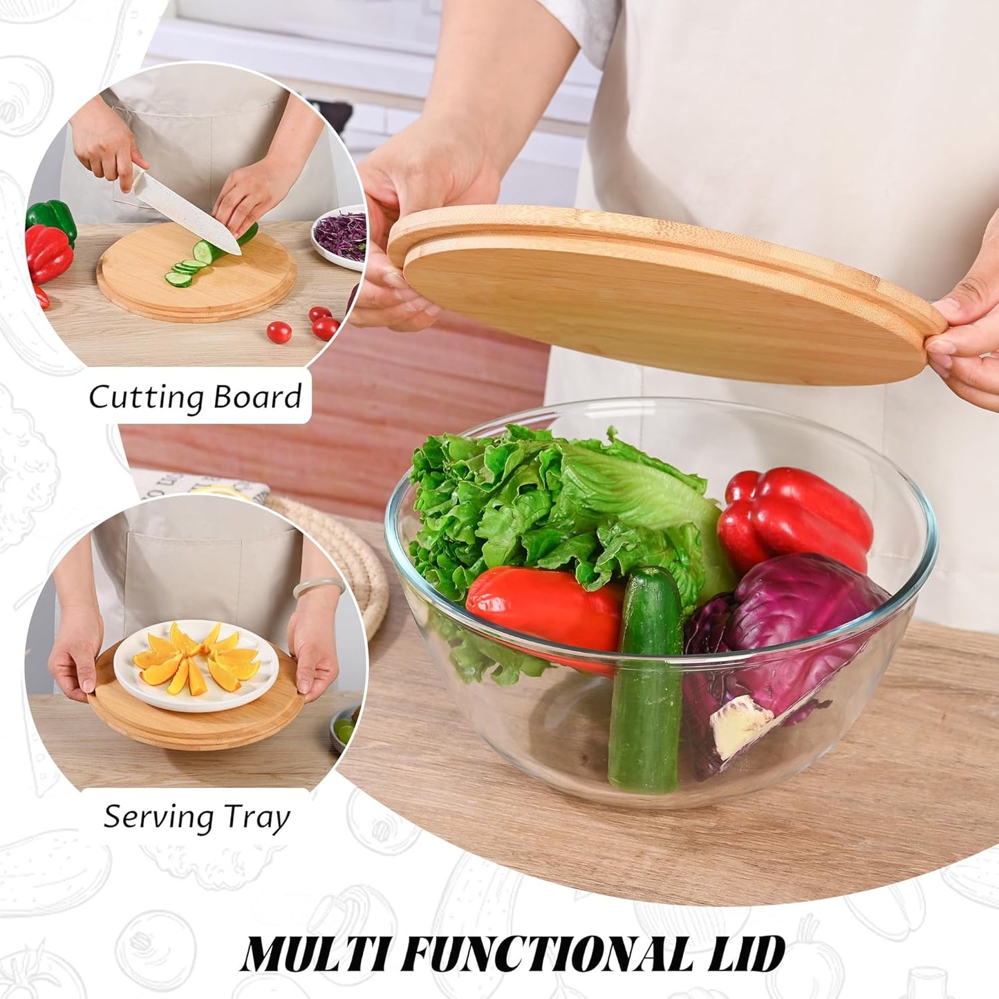 10.6" Glass Salad Bowl with Lid, 4.7 Quart Large Capacity Serving Bowls and Mixing Bowls with Utensils, Versatile Serving Dish for Salads,Fruits,Pasta,Popcorn,Trifle Bowl, Microwave Safe