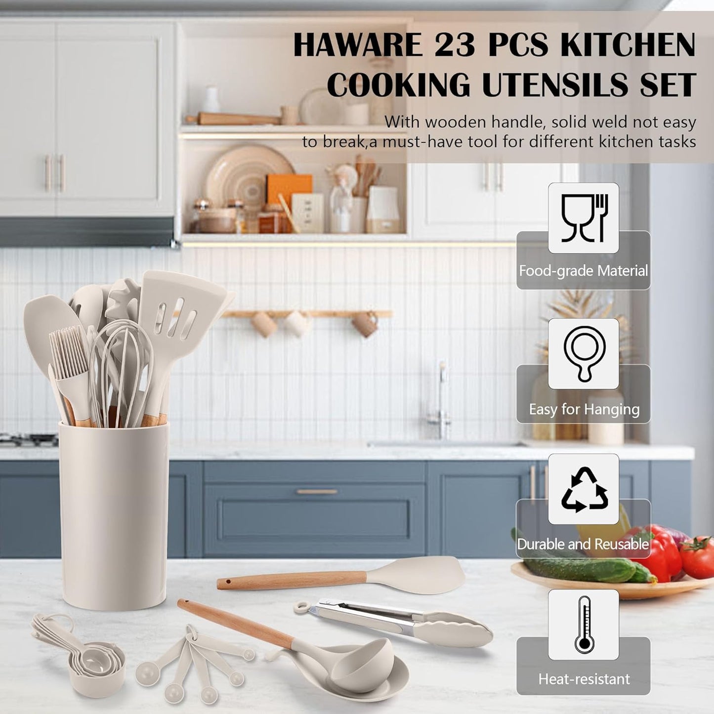 HaWare Kitchen Cooking Utensils Set, 23-Piece Silicone Kitchen Utensils Spatula Set with Holder, Heat Resistant Wooden Handle Kitchen Gadget for Nonstick Cookware, Food-grade Turner Spoon Sets (Khaki)