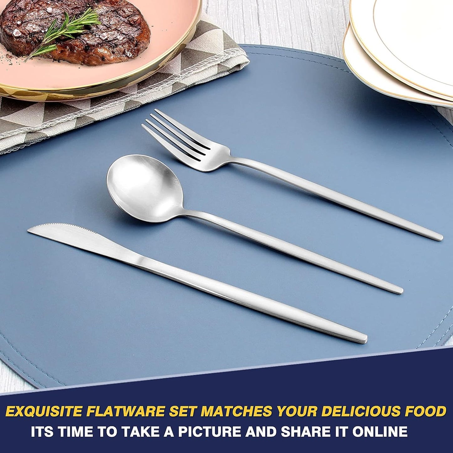 40 Pieces Silverware Set，Matte Stainless Steel Flatware Cutlery Set Service for 8, Stain Finish Kitchen Utensil Set，Include Dinner Knives Forks and Spoons Silverware, Dishwasher Safe