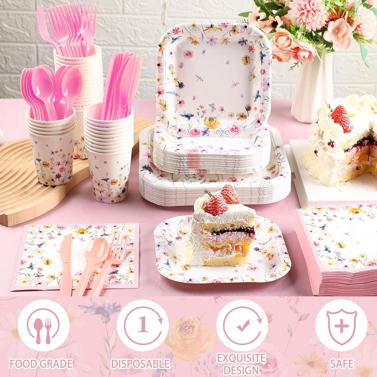 350 Pcs Paper Plates and Napkins Set Disposable Dinnerware Party Supplies Tableware Serve 50 Guest Cups Knife Forks Spoon(Pink,Wildflower)