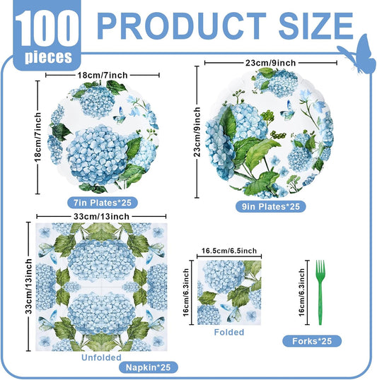 100 Pieces Blue Hydrangea Tableware Set Party Supplies – Floral Themed Disposable Dinnerware with Paper Plates, Napkins, and Forks for Birthdays, Weddings, Garden Parties – Serves 25