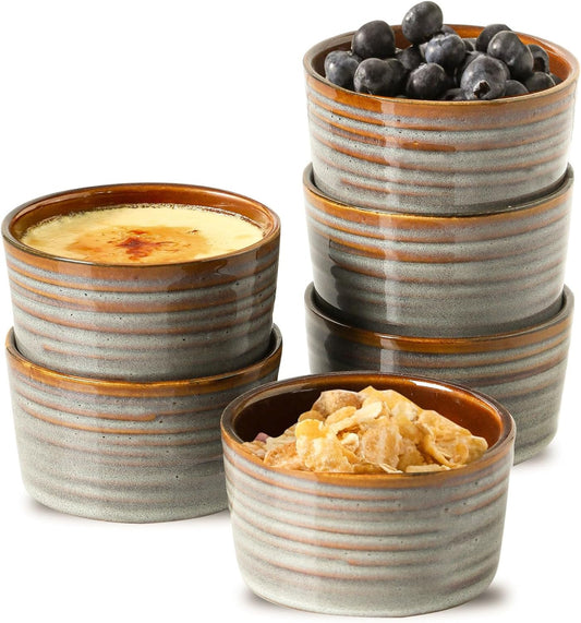 Hasense Ramekins Oven Safe, Ceramic Creme Brulee Dish for Baking Set of 6, 4 Ounce Dipping Sauce Bowls for Pudding, Souffle,Serving Dip,Custard,Ice Cream, Light Grey