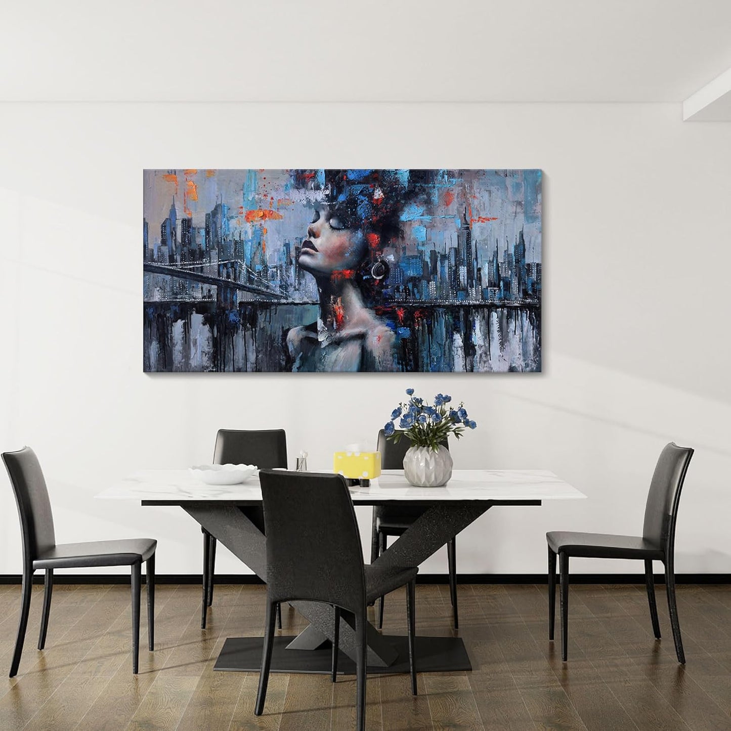 Navy Blue Abstract Wall Art Woman Picture for Living Room Modern Home Bedroom Decoration New York City Framed Cityscape Artwork Decor 29x58IN