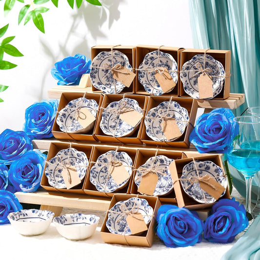 12 Pcs Wedding Favors for Guests Small Ceramic Bowl Bulk Gifts Set 3.3 Inch Floral Design Mini Dipping Bowl Sauce Dish with Cards Box for Bridal Baby Shower Birthday Guest Gift (Blue)