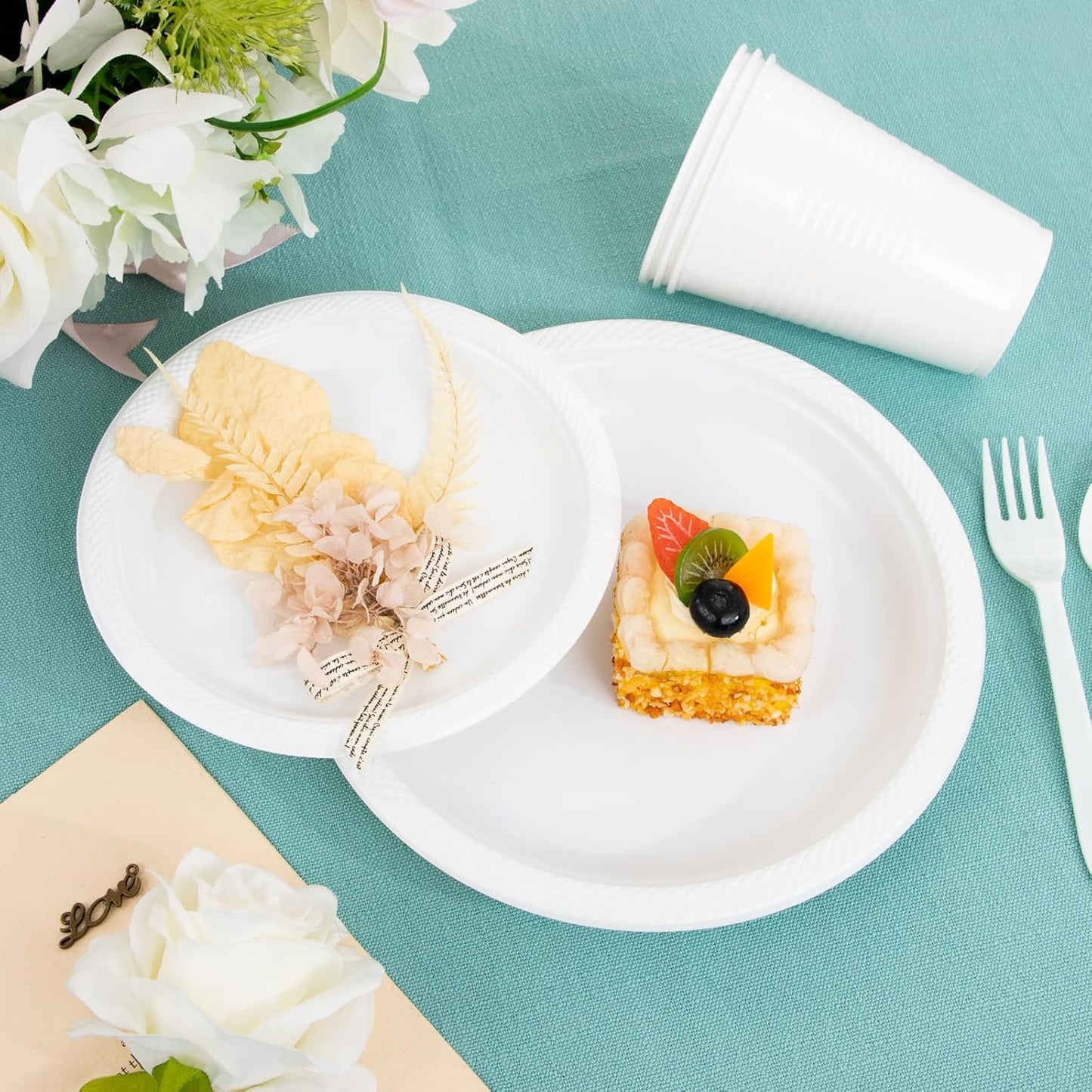 MirthMood 350PCS White Disposable Plates, Round Solid Color Disposable Plates for Party, including 50 Dinner Plates,50 Dessert Plates,50 White Silverware,50 Napkins and 50 16OZ Cups