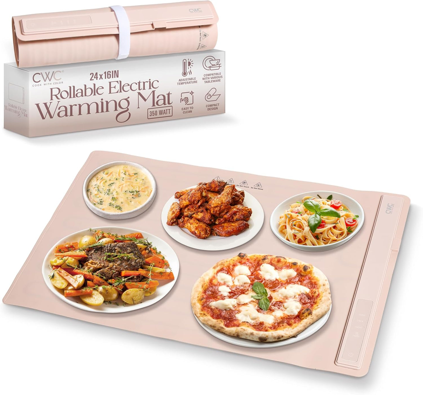 COOK WITH COLOR 350W Electric Food Warming Mat - Portable Food Warmer Tray with Adjustable Temperature, Fast 60-Second Heating, Auto Shut-Off, Rollable Silicone Pad for Parties & Everyday Use, Blush