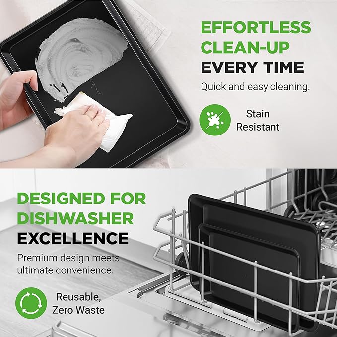 NutriChef 2-Piece Black Non-Stick Cookie Sheet Baking Tray Set - Versatile & Durable Carbon Steel Bakeware Sets, Stackable & Easy-Clean, NC2TRBL