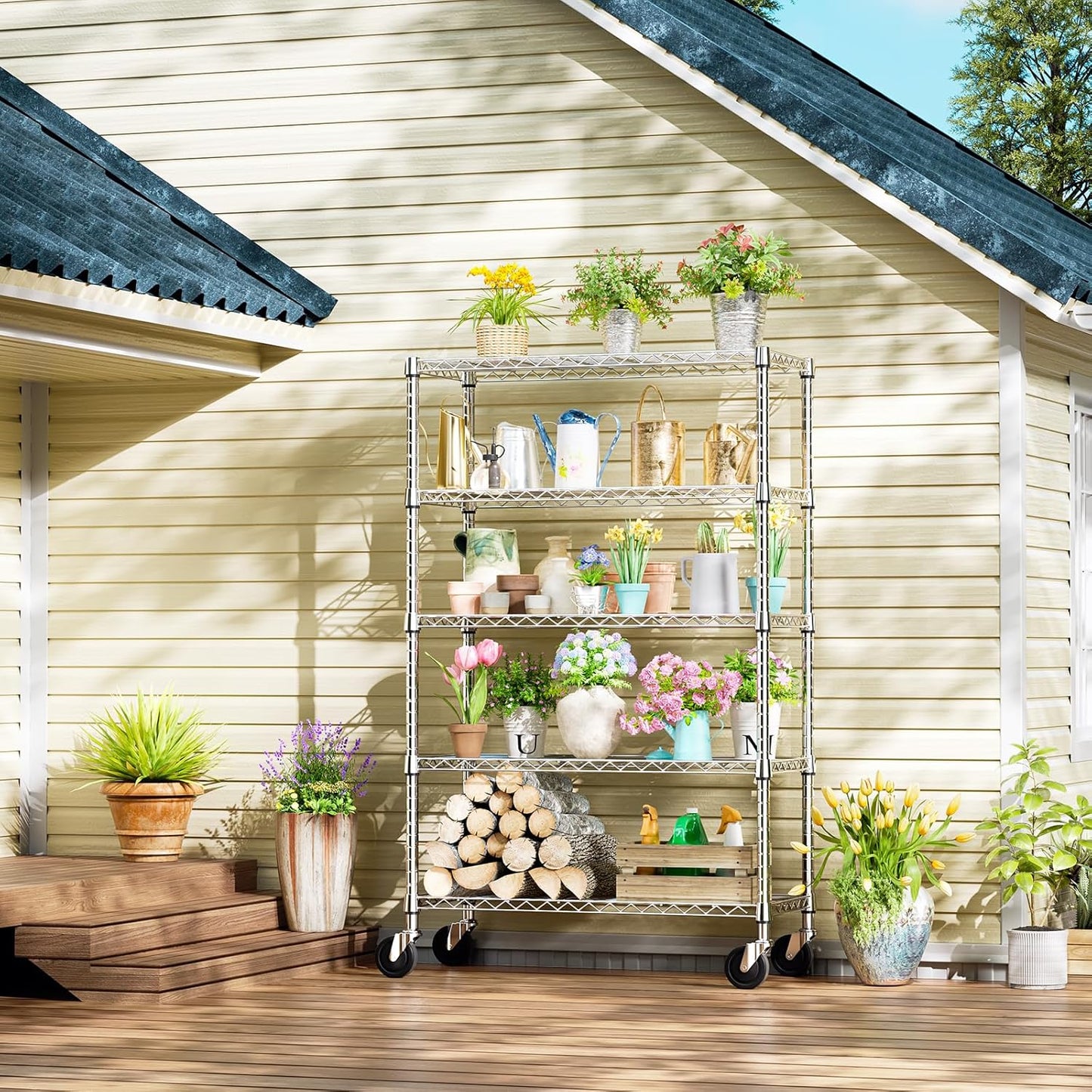 IZEUK 5-Tier Storage Shelving Unit with Wheels, Adjustable Heavy Duty Steel Wire Rack Organizer (Chrome, 17.7" D x 47.2" W x 76.7" H, 1750 lbs Capacity) for Garage, Kitchen, Pantry, Laundry, Basement