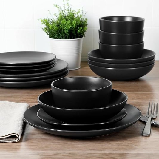 Gibson Home Queenslane 16-Piece Matte Black Stoneware Dinnerware Set – Double Bowl Plates and Bowls, Durable Kitchen Dinner Set
